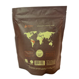 Brown coffee bag with world map design featuring Agro Cafe branding on a white background