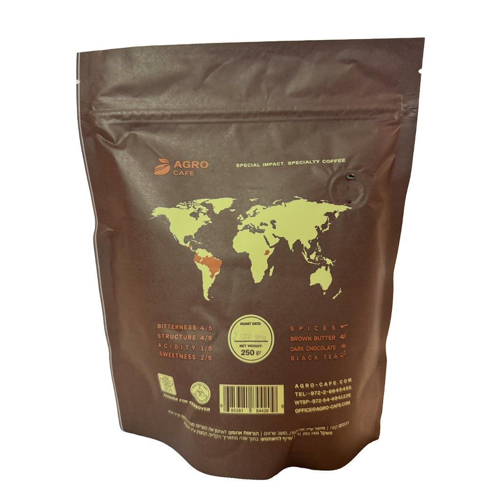 Brown coffee bag with world map design featuring Agro Cafe branding on a white background