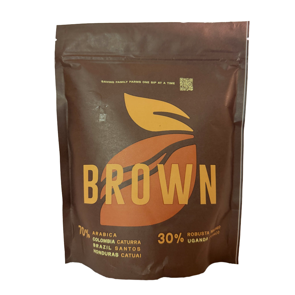 Brown coffee package with 'Brown' branding on a white background