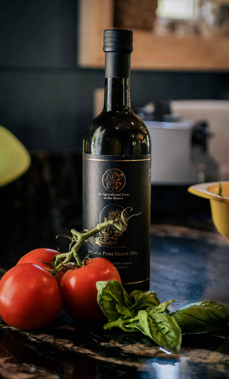 Dark glass bottle of Einot Kedem Israeli Pure Olive Oil next to red tomatoes and green basil on a dark counter.