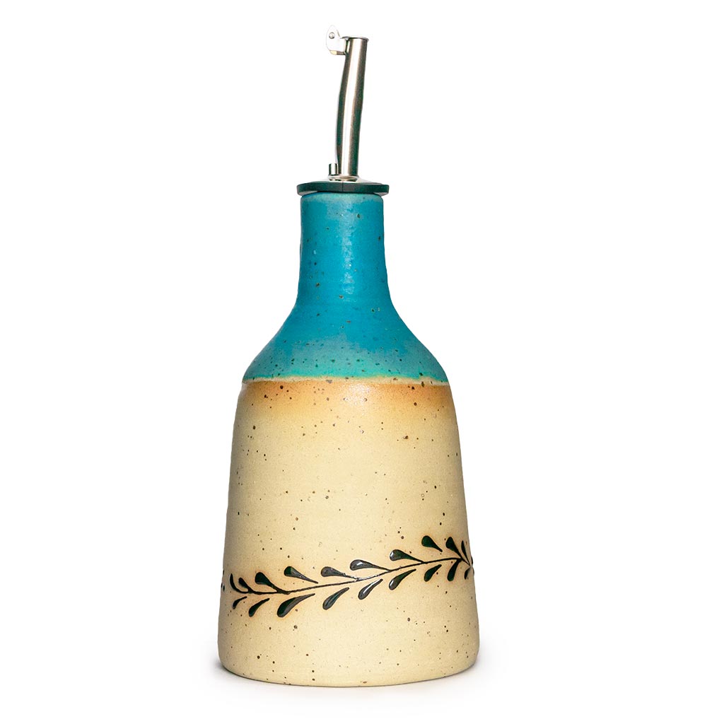 Turquoise olive oil jug handcrafted in Israel
